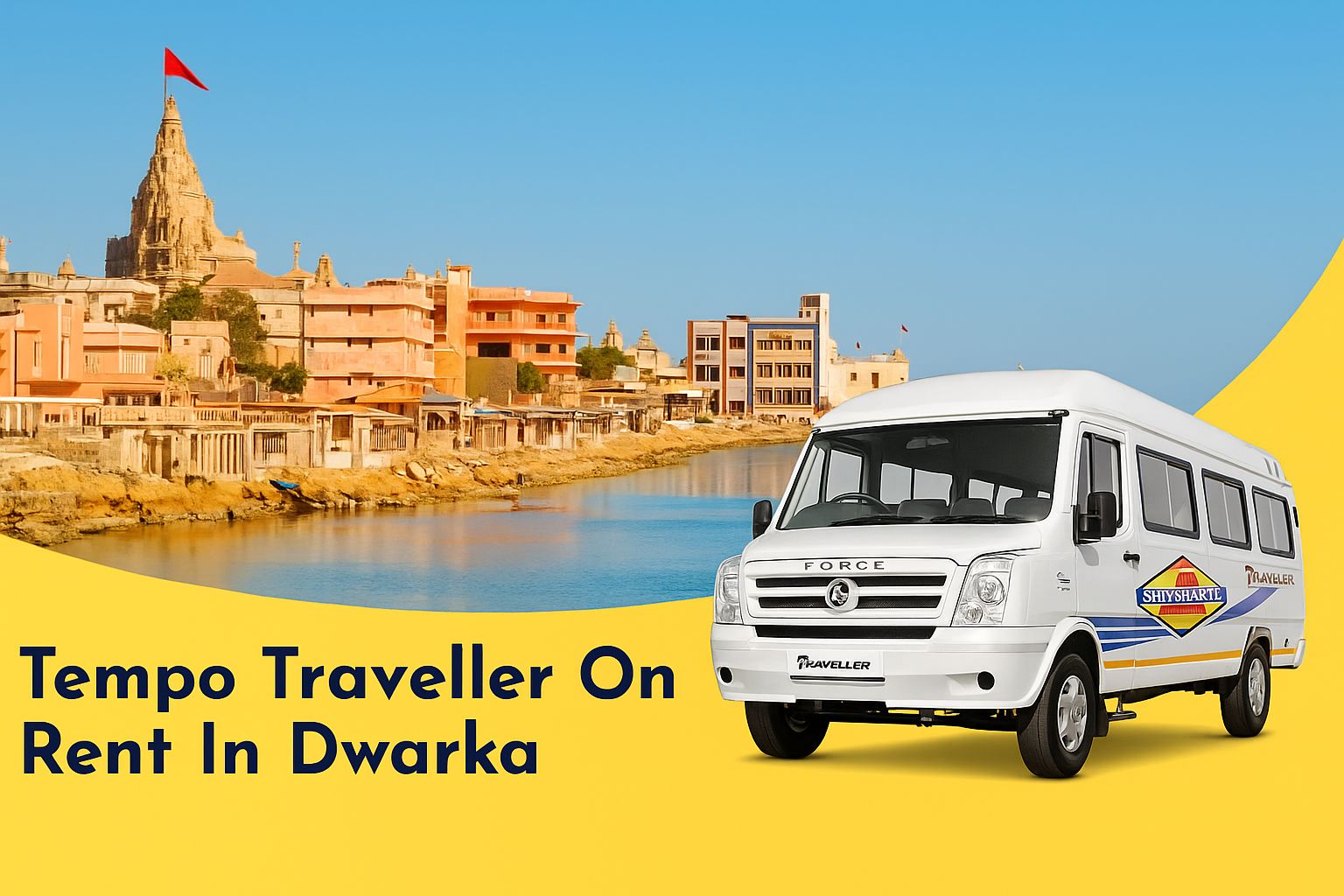White Tempo Traveller van in Dwarka with rental service text.